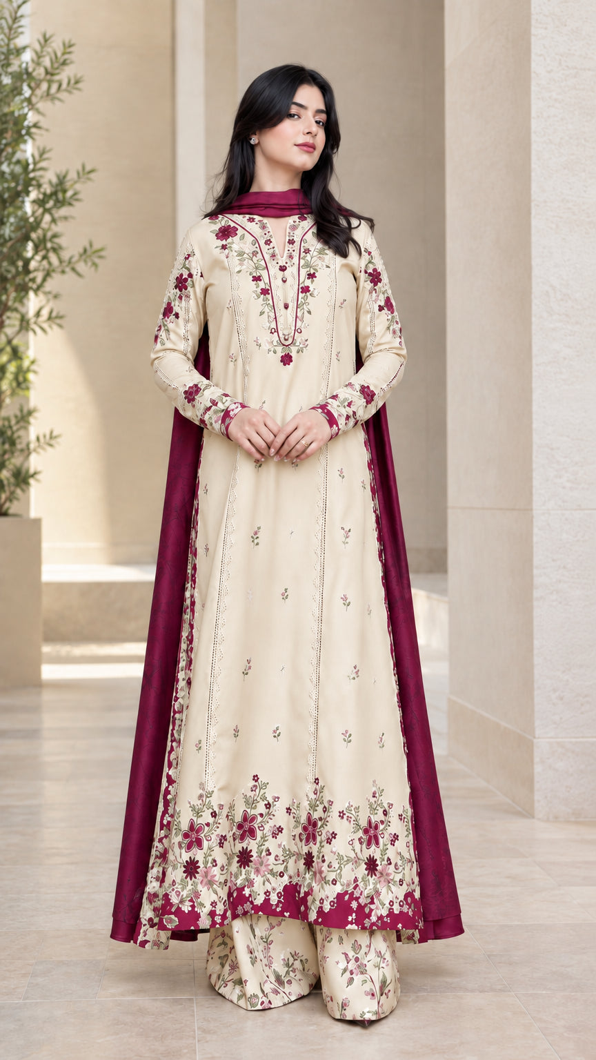 Front full view of cream beige floral embroidered 3-piece kurta palazzo suit set with contrast dupatta