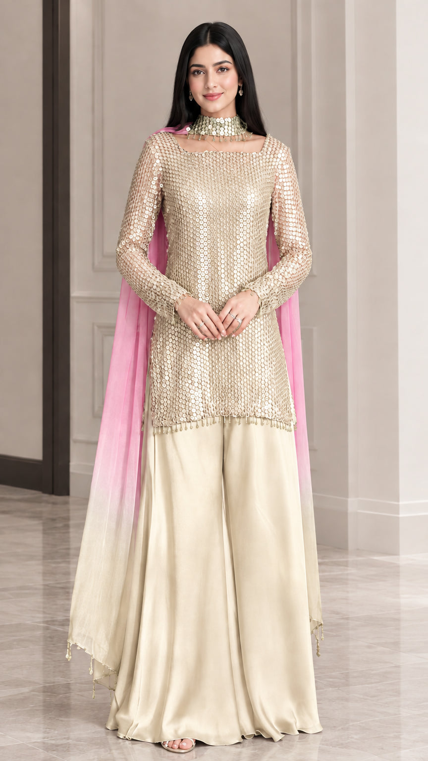 Front view of champagne gold sequined kurti set with pastel pink ombre dupatta