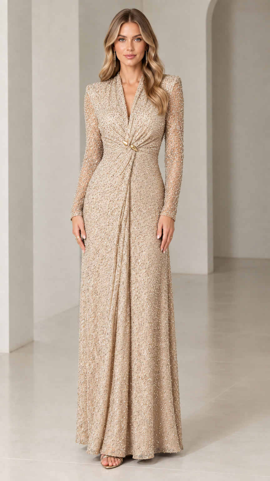 Front view of champagne gold long-sleeve sequin evening maxi dress