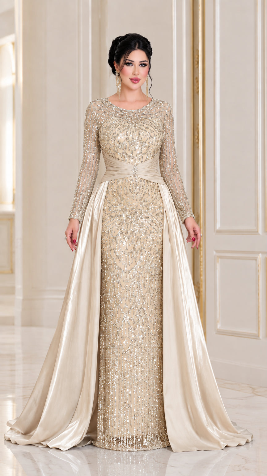 Champagne gold sequin formal dress with draped satin overskirt