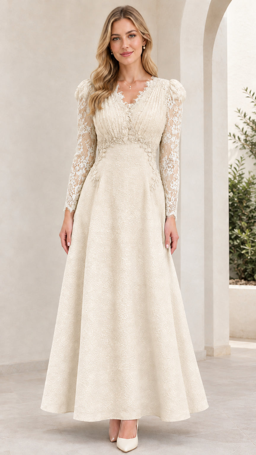 Champagne ivory lace long sleeve evening maxi dress
