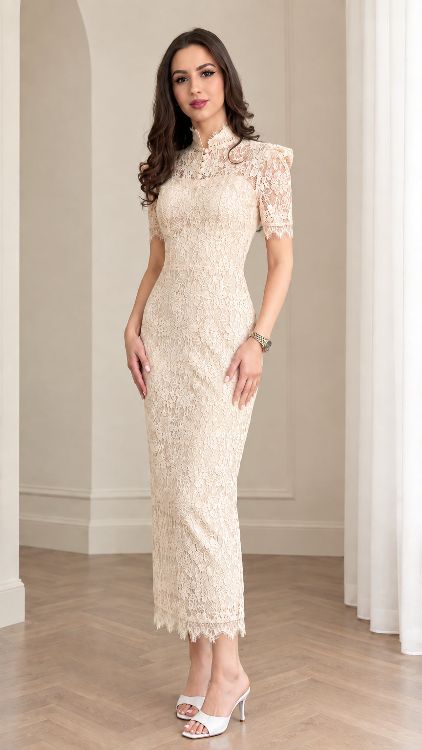 Full front view of model wearing champagne beige lace column maxi dress