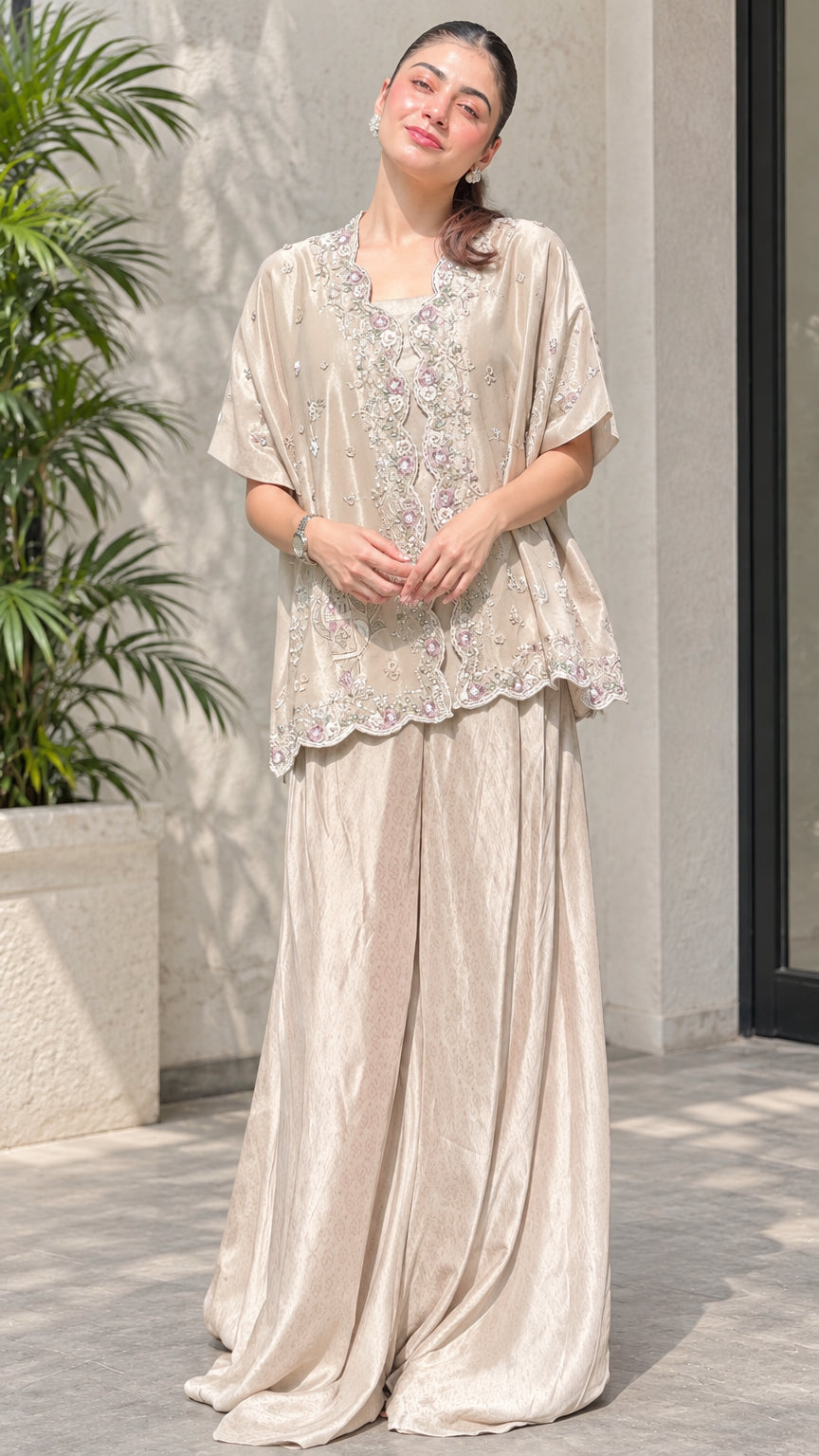 Champagne embroidered kaftan top and wide leg pants two-piece set front view