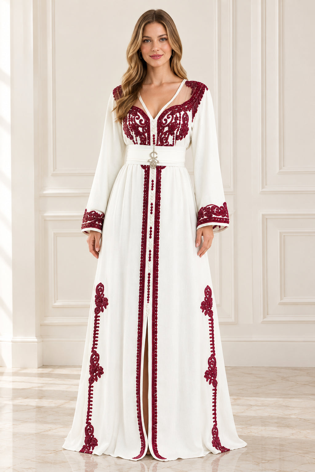 Front view of woman wearing white Moroccan kaftan maxi dress with burgundy embroidery and belted brooch