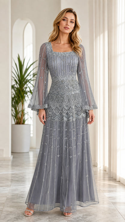 Front full-length view of model in dusty blue sequined square-neck evening gown with bell sleeves