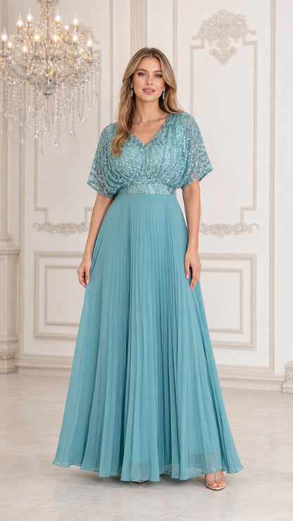 Full front view of teal blue sequin flutter sleeve pleated maxi evening dress