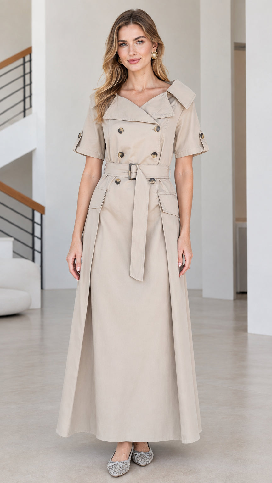 Front view of woman wearing beige double-breasted short-sleeve trench maxi dress with belt