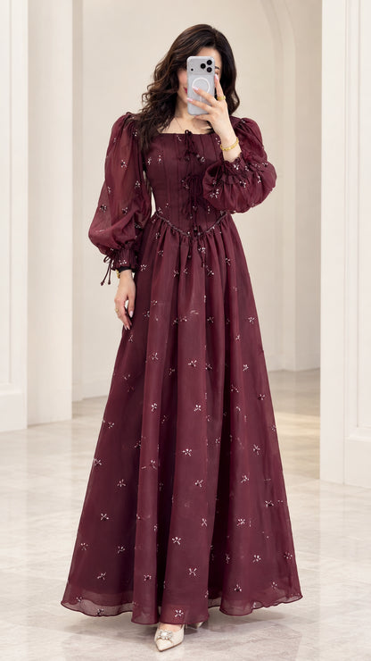 Front view of model wearing Wine Red square neck embroidered chiffon maxi dress