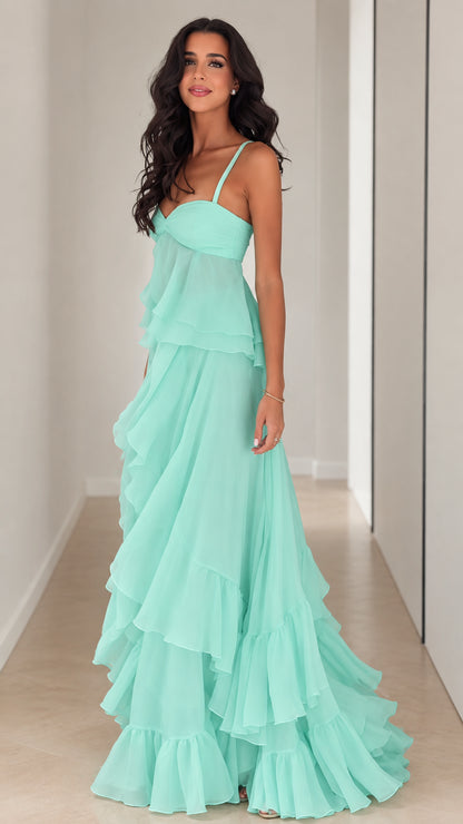 Front full-length view of model wearing Mint Green tiered ruffle chiffon maxi dress