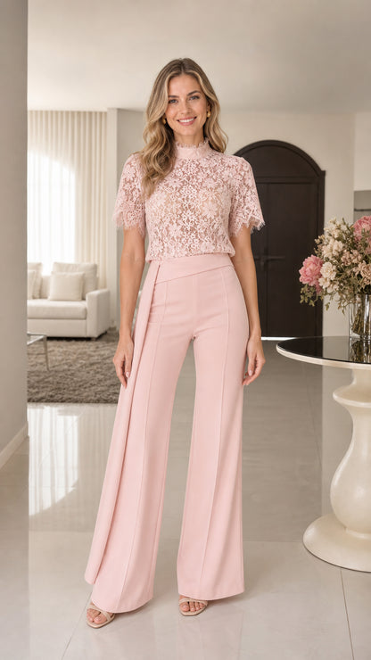 Model wearing Blush Pink floral lace mock neck wide-leg jumpsuit - full front view