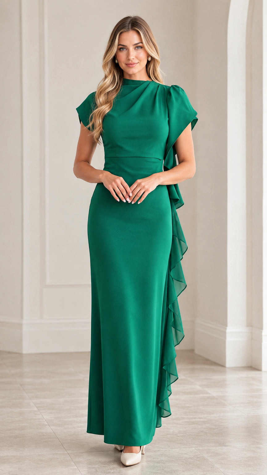 Front view of woman wearing emerald green draped high neck maxi dress with cascade ruffle