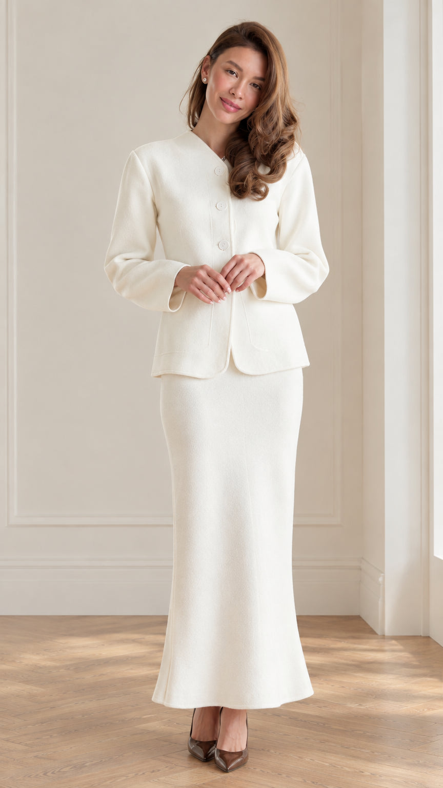 Full front view of women's ivory collarless button-front jacket and matching fluted maxi skirt suit