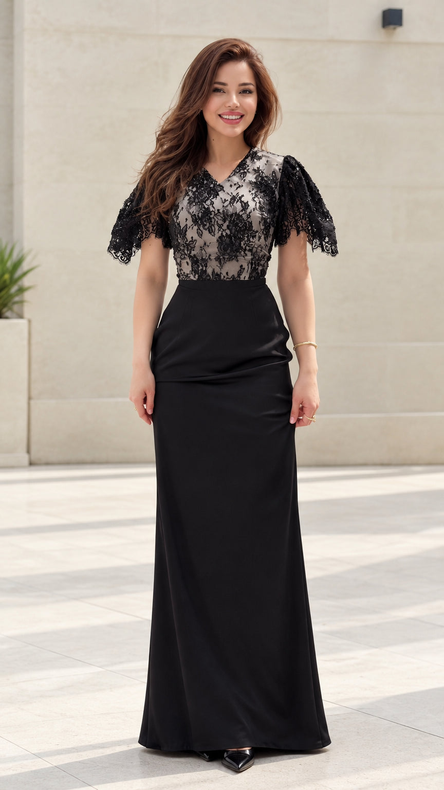 Front view of model wearing black floral lace flutter sleeve maxi evening gown