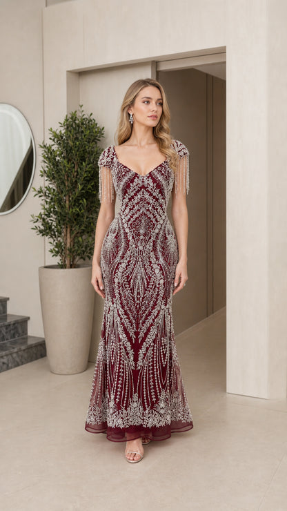 Burgundy sequin mermaid evening gown with beaded fringe cap sleeves front view