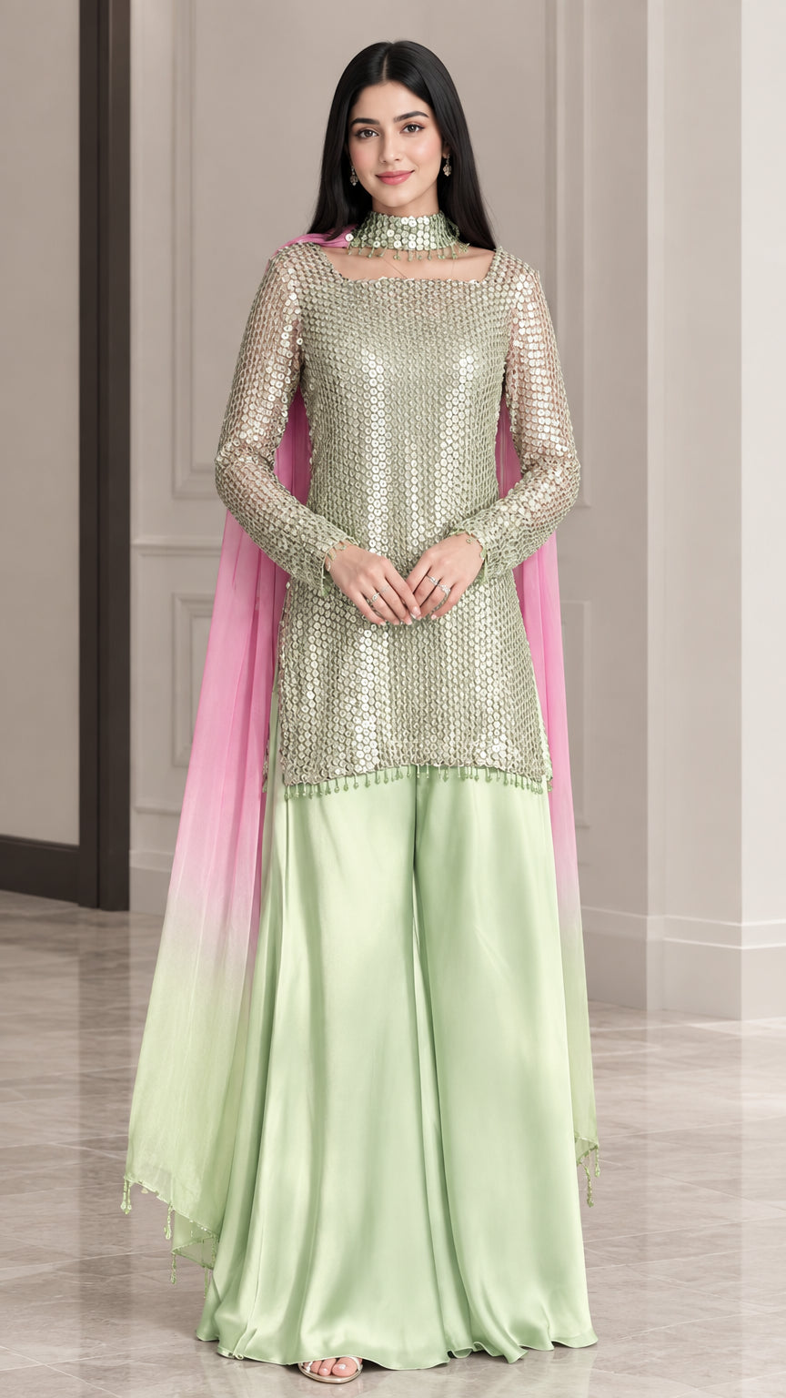 Front full view of woman wearing mint green sequin kurti and sharara set with pink ombre dupatta