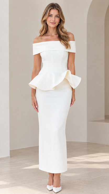 Front view of model wearing white off-the-shoulder peplum maxi dress