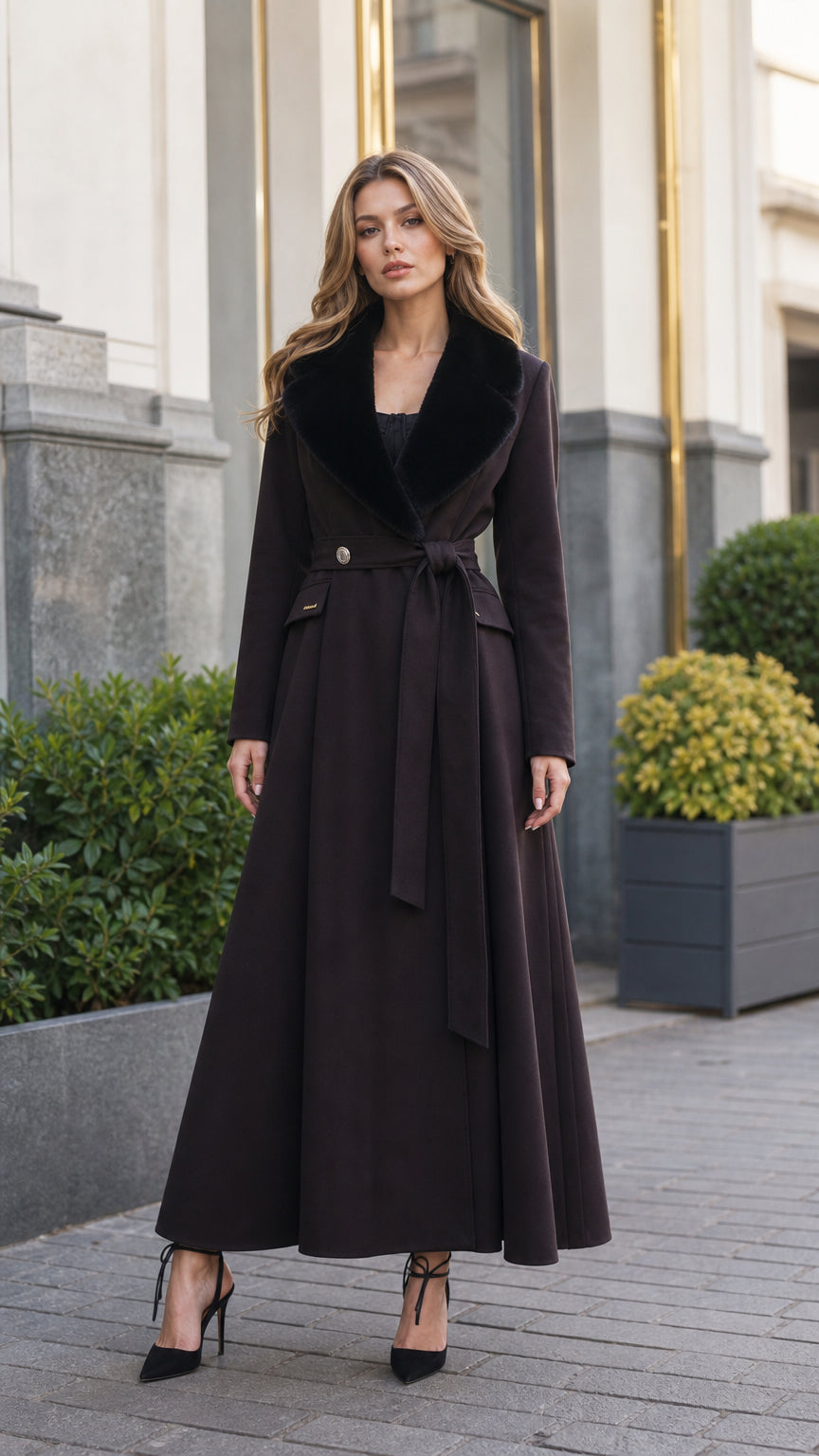 Front view of model wearing dark brown maxi coat with black faux fur collar and waist belt