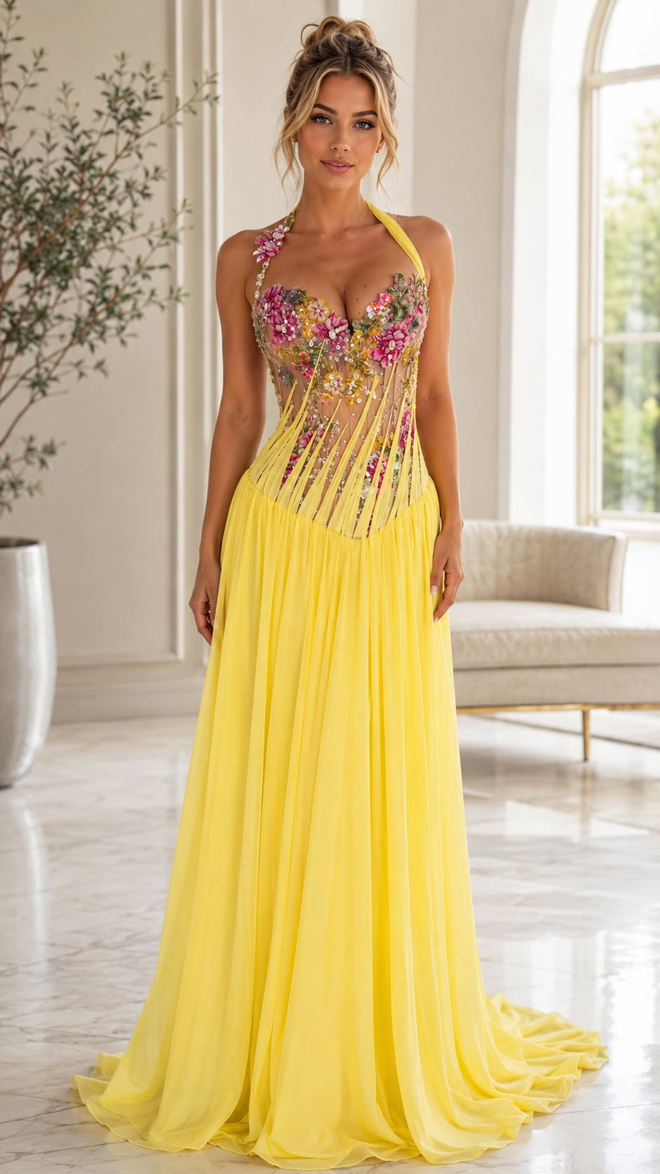 Front view of yellow floral appliqué halter corset evening gown with flowing pleated skirt