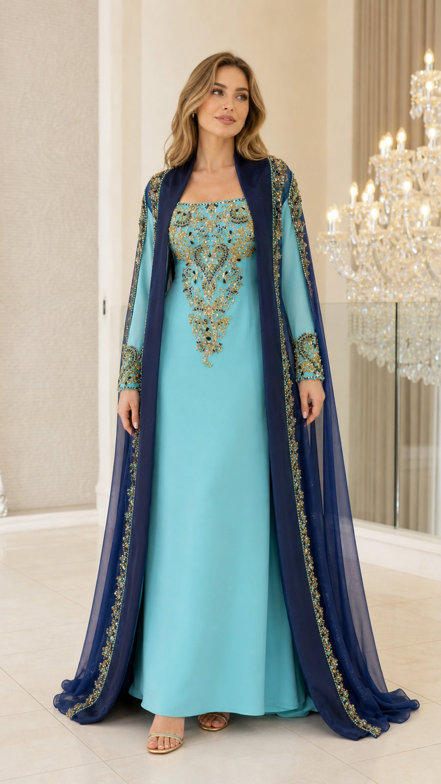 Full-length front view of model wearing Sky Blue embroidered evening gown with navy cape overlay