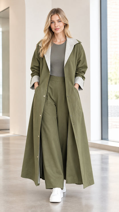 Full front view of women wearing olive green contrast lapel maxi duster trench coat with matching trousers