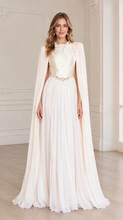 Front full view of woman wearing ivory pleated cape evening gown