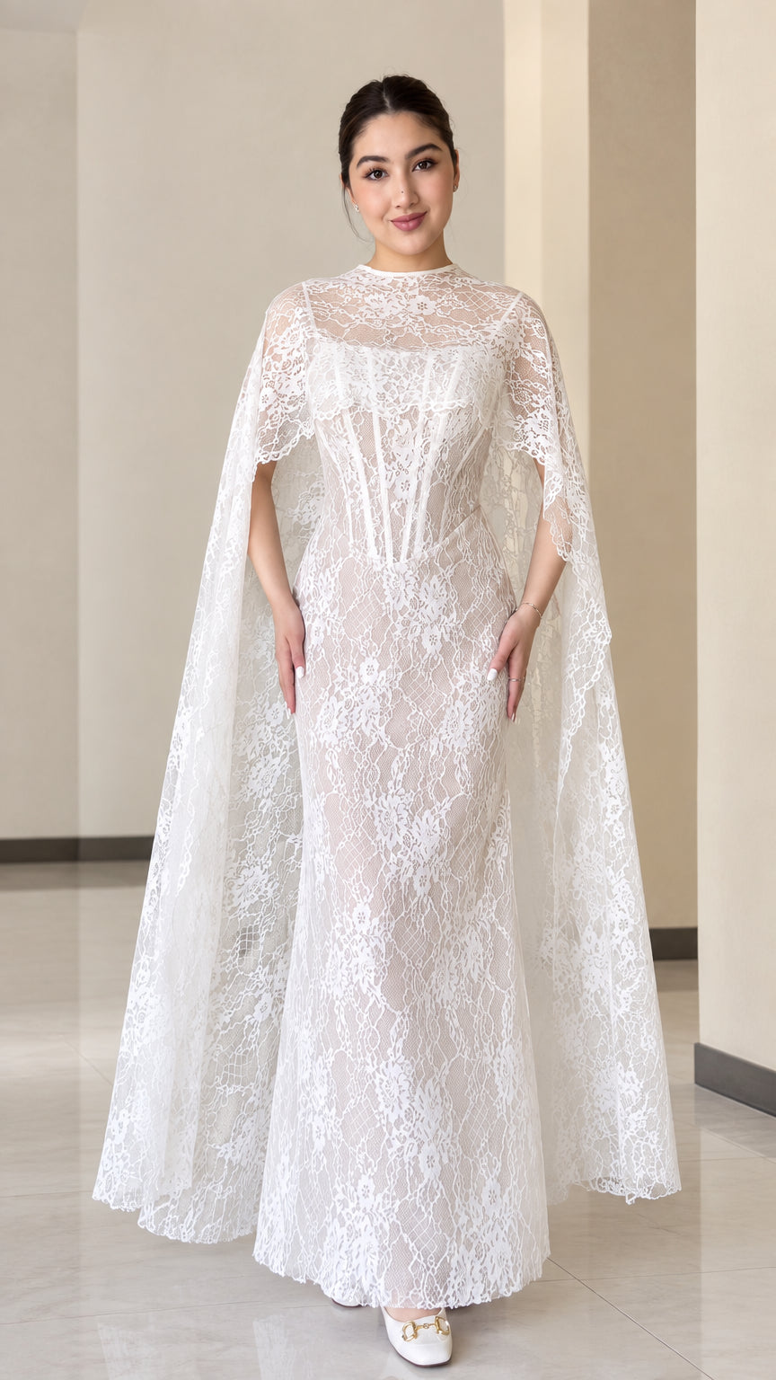 White floral lace corset maxi dress with matching sheer lace cape overlay, front view