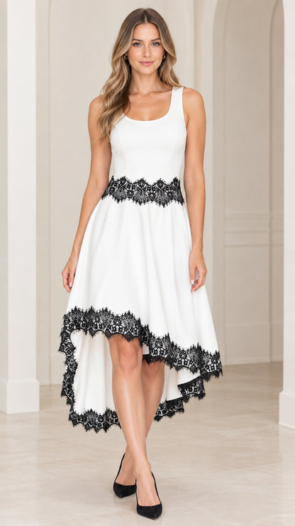 Front view of woman wearing white sleeveless high-low dress with black lace trim