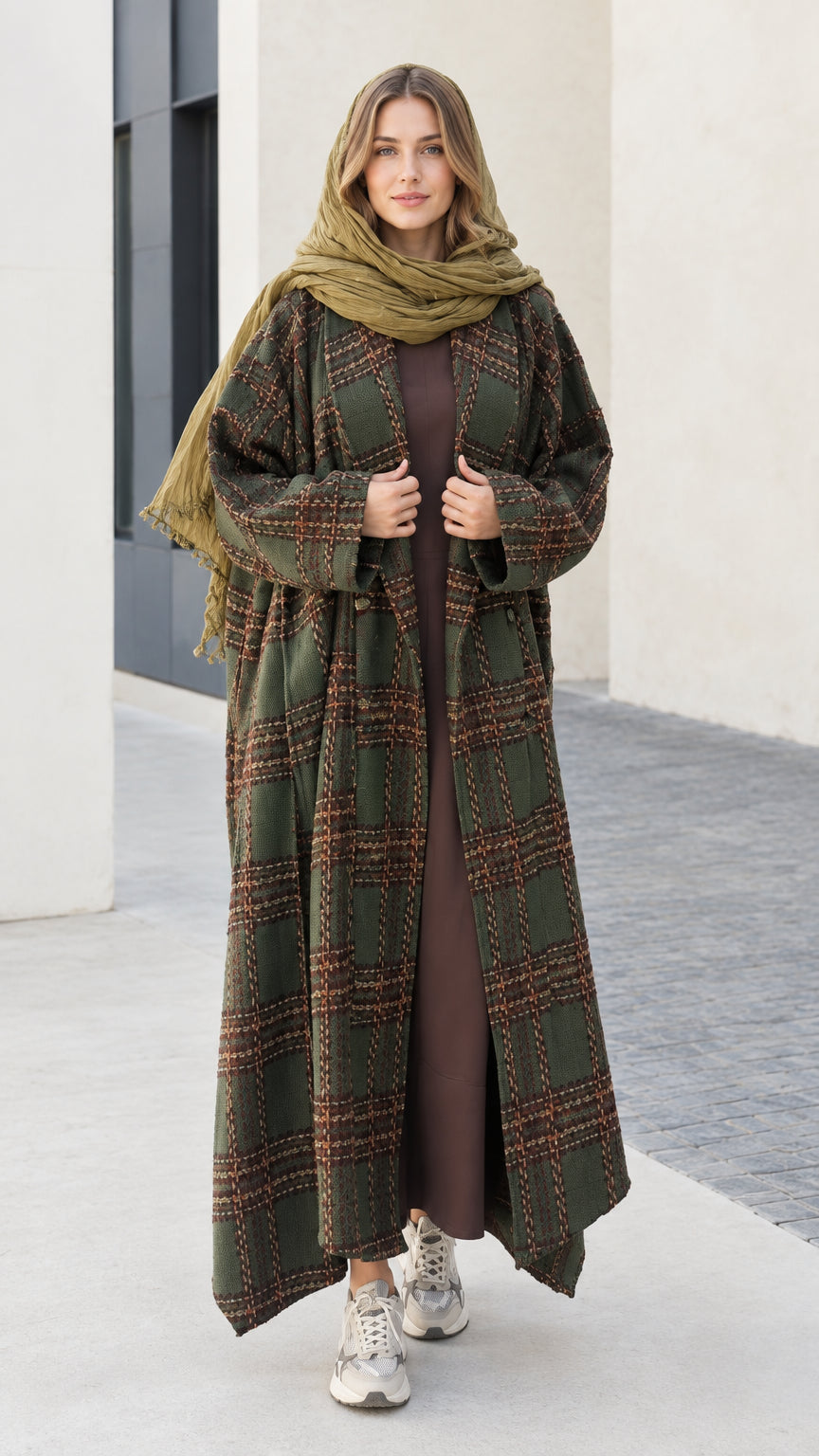Front view of woman wearing olive green plaid maxi duster coat with matching green scarf