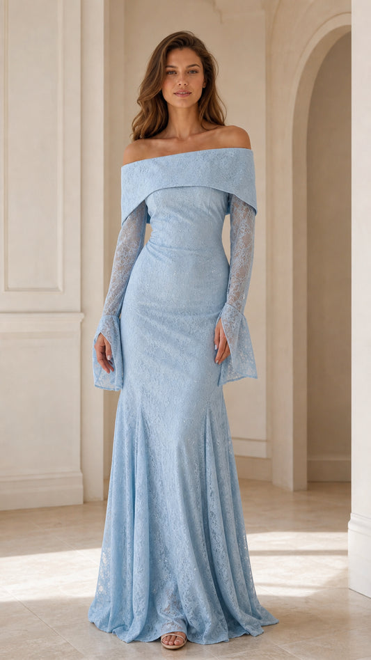 Front view of woman wearing Light Blue off-the-shoulder lace mermaid gown