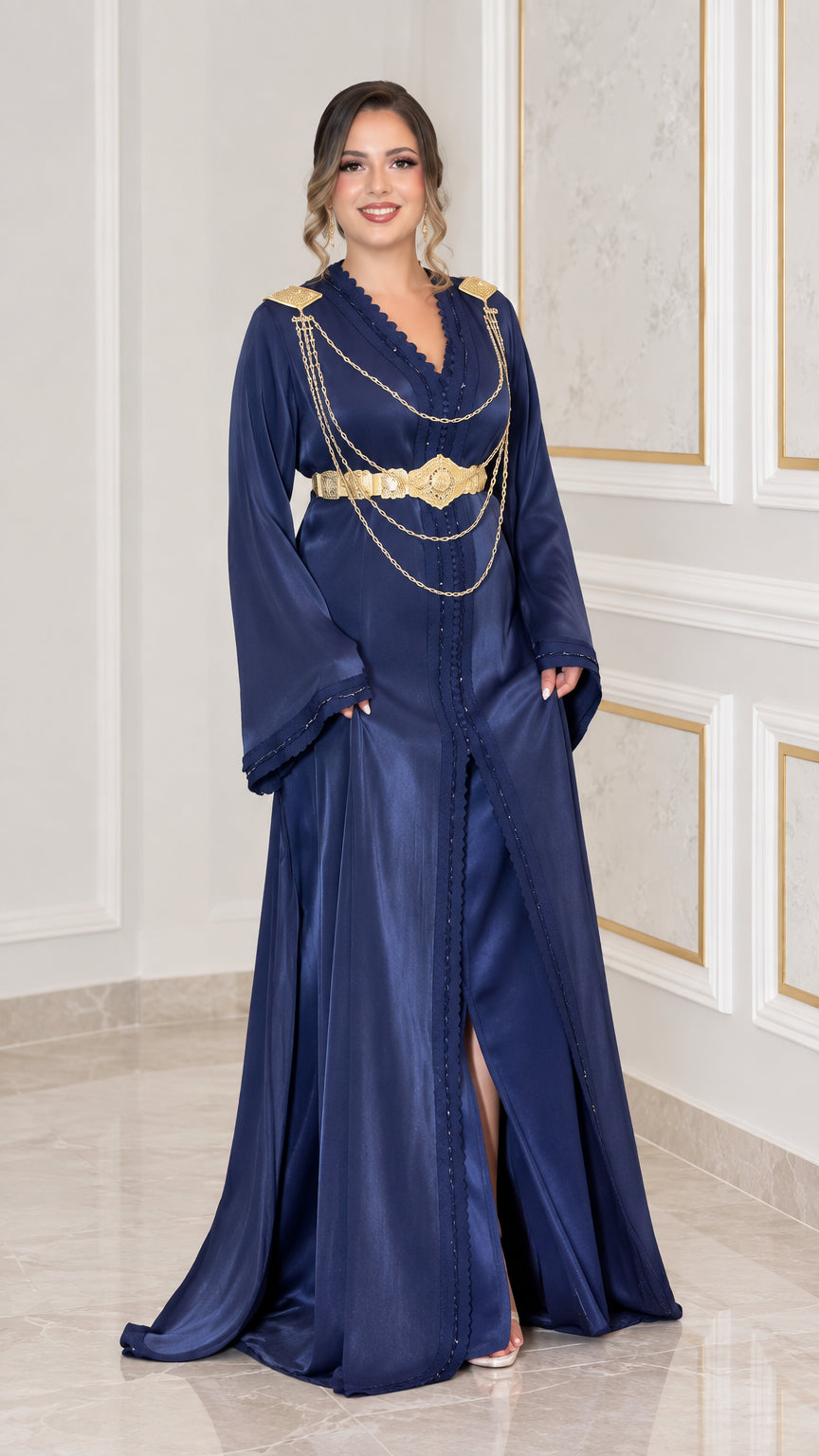 Full front view of navy blue satin kaftan maxi dress with gold shoulder chains and belt
