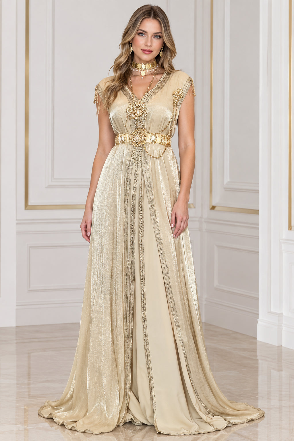 Champagne Gold Embellished V-Neck Metallic Pleated Kaftan Maxi Dress front view