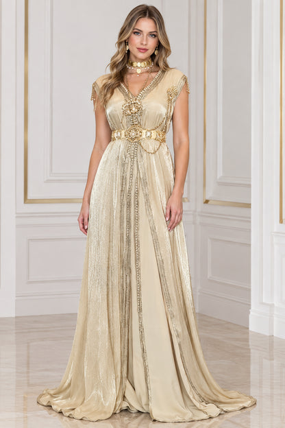 Champagne Gold Embellished V-Neck Metallic Pleated Kaftan Maxi Dress front view