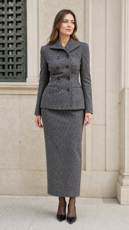 Front view of woman wearing Heather Grey double-breasted tweed blazer and maxi skirt set