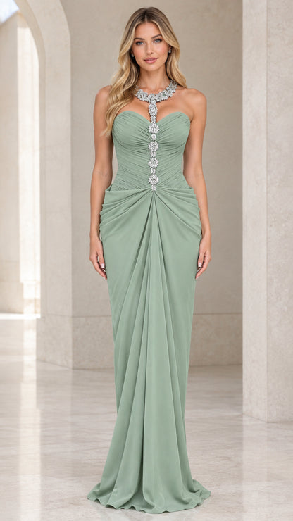 Front view of woman wearing sage green sweetheart evening gown with crystal rhinestone neckline