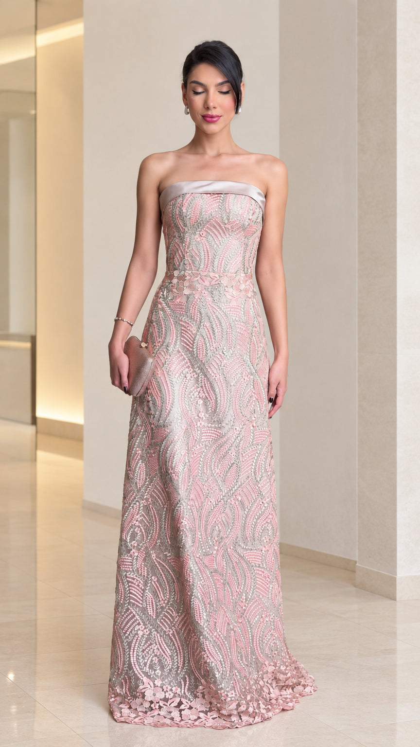 Blush pink strapless embroidered lace column maxi gown front view