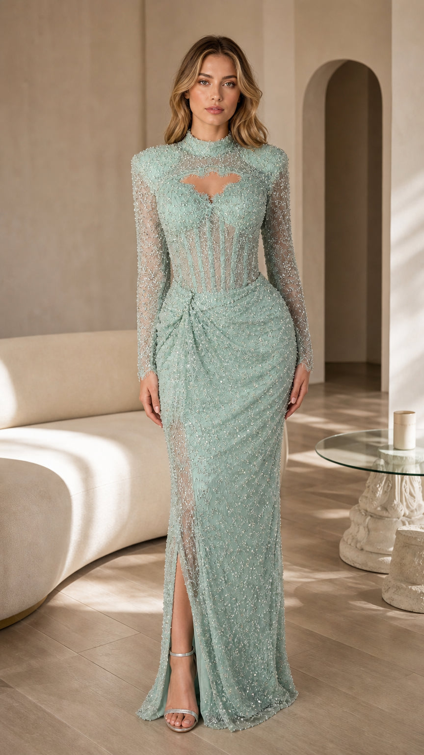 Front view of mint green sequin evening gown