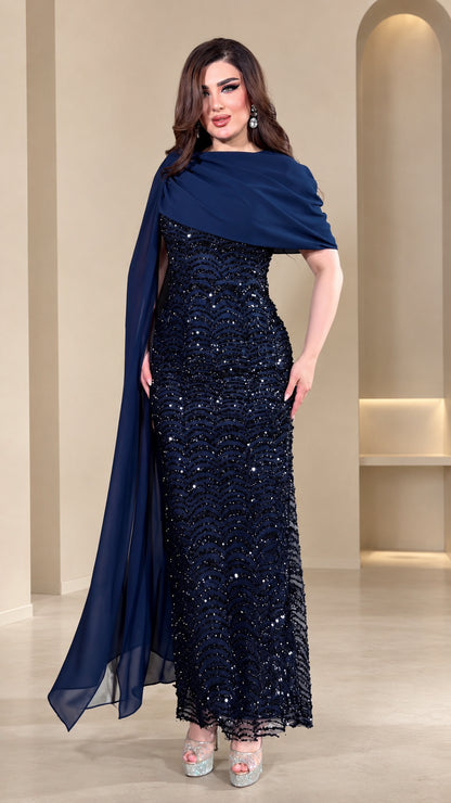 Navy Blue sequined evening gown with draped chiffon cape front view