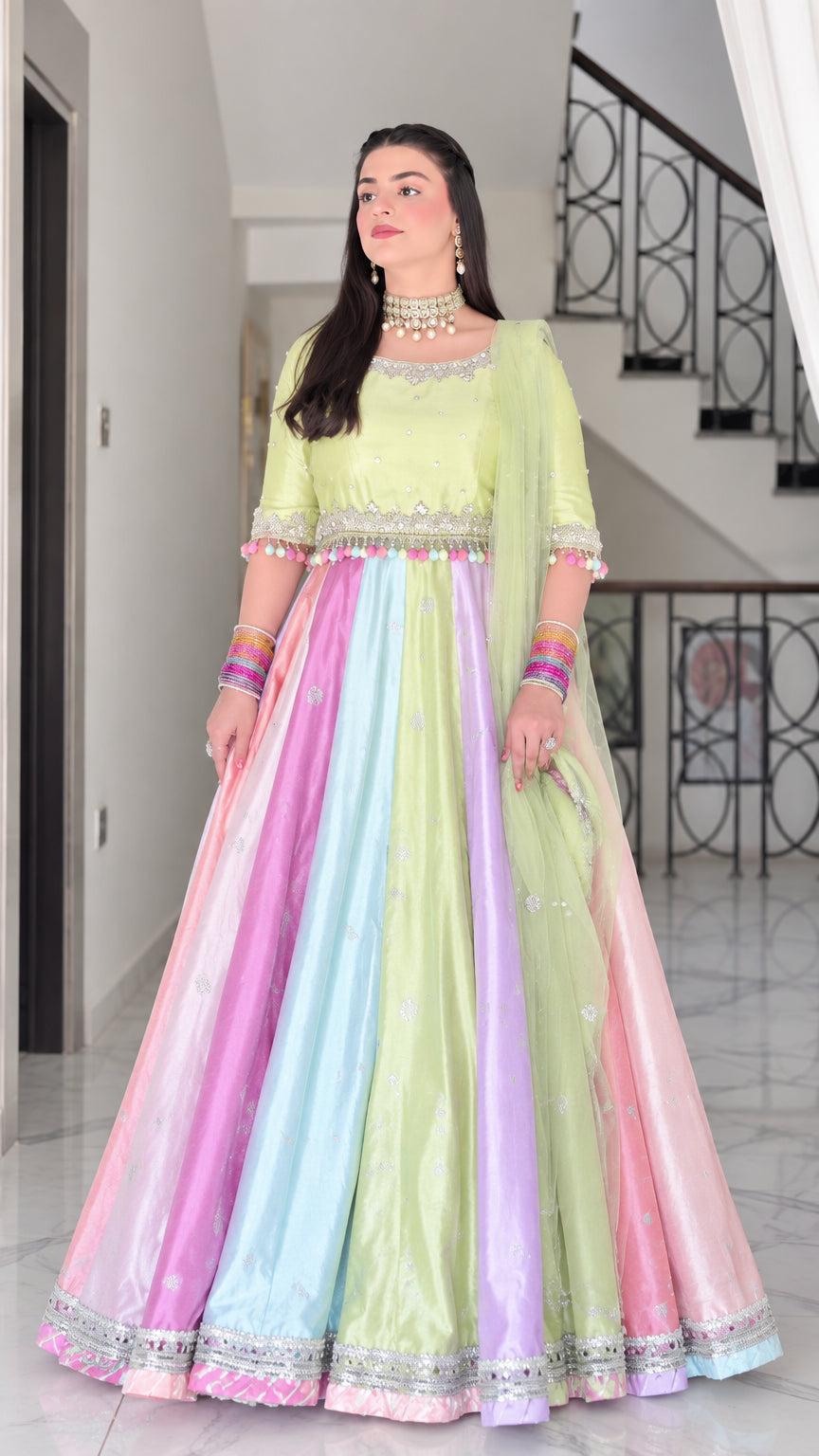 Women's lime green and pastel multicolor paneled Anarkali gown front view