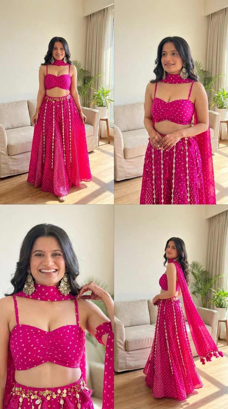 Hot pink bandhani print sweetheart bustier and flared lehenga set full view