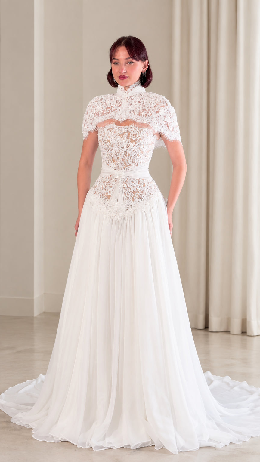 High neck lace bodice white chiffon evening gown front view