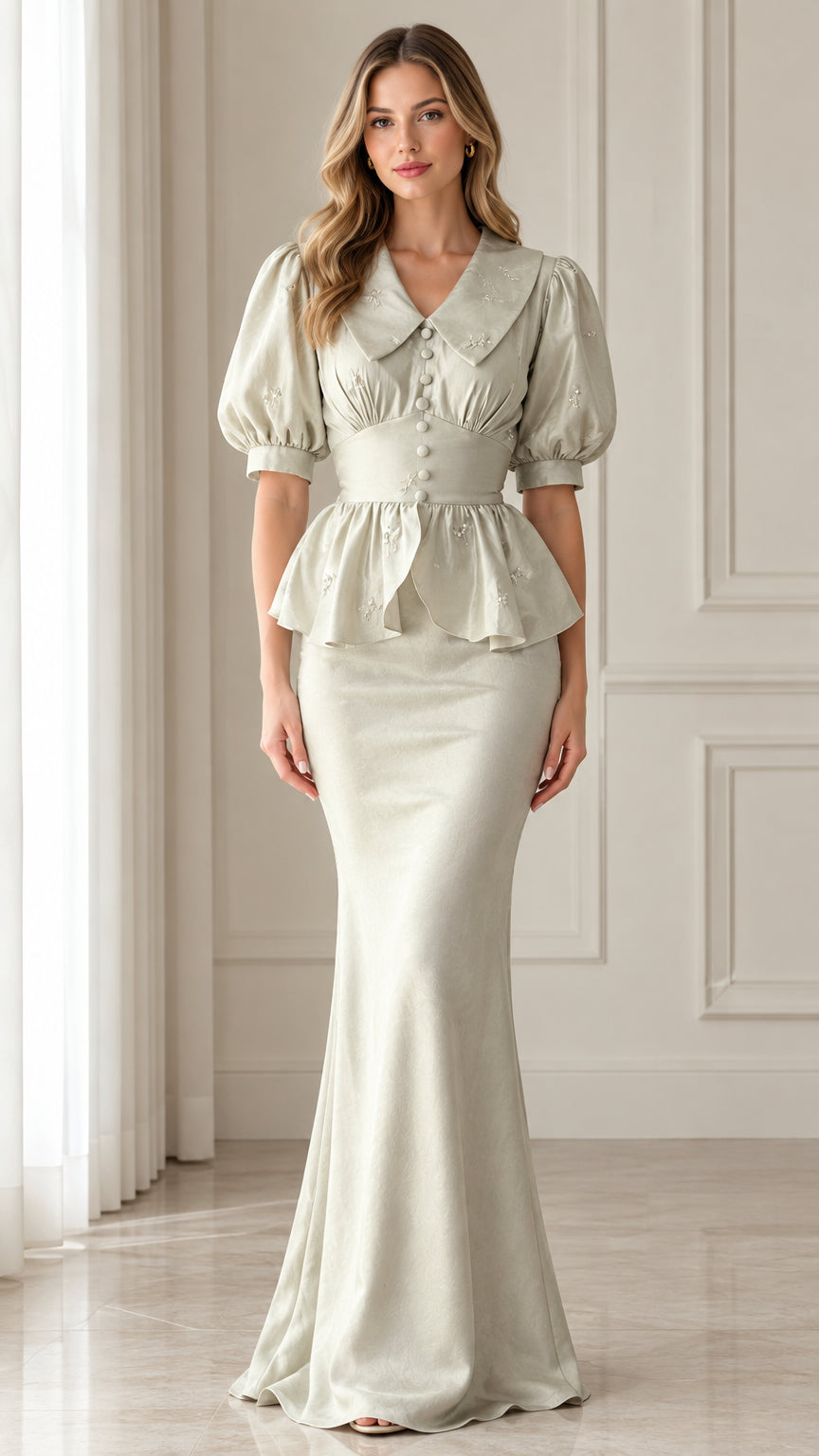 Front view of woman wearing sage green vintage peplum maxi dress with embroidered collar