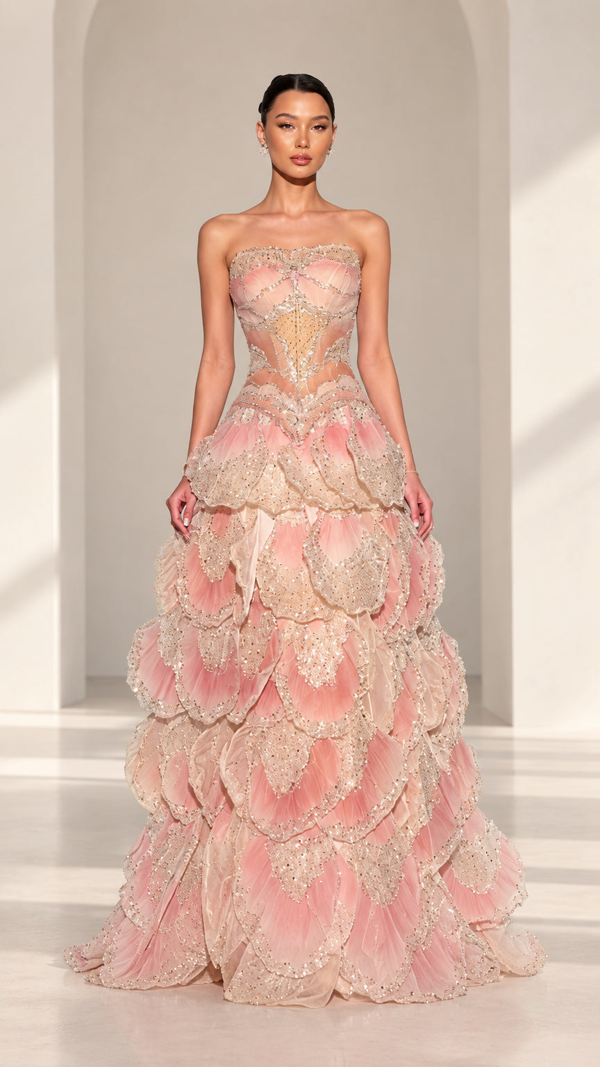 Front full view of Blush Pink strapless beaded corset evening gown with petal tiered skirt
