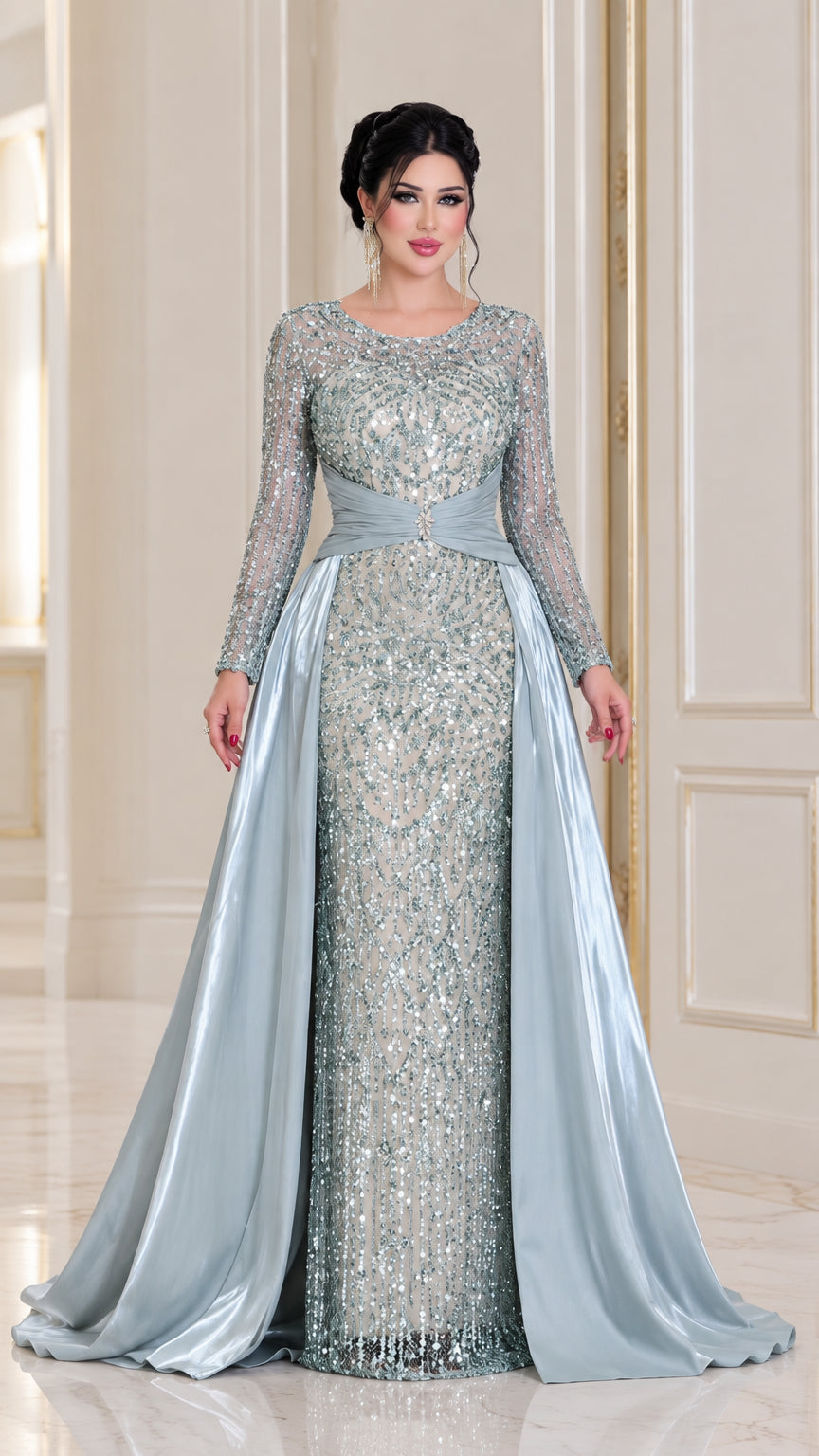 Ice blue long sleeve sequined evening gown with satin overskirt front view