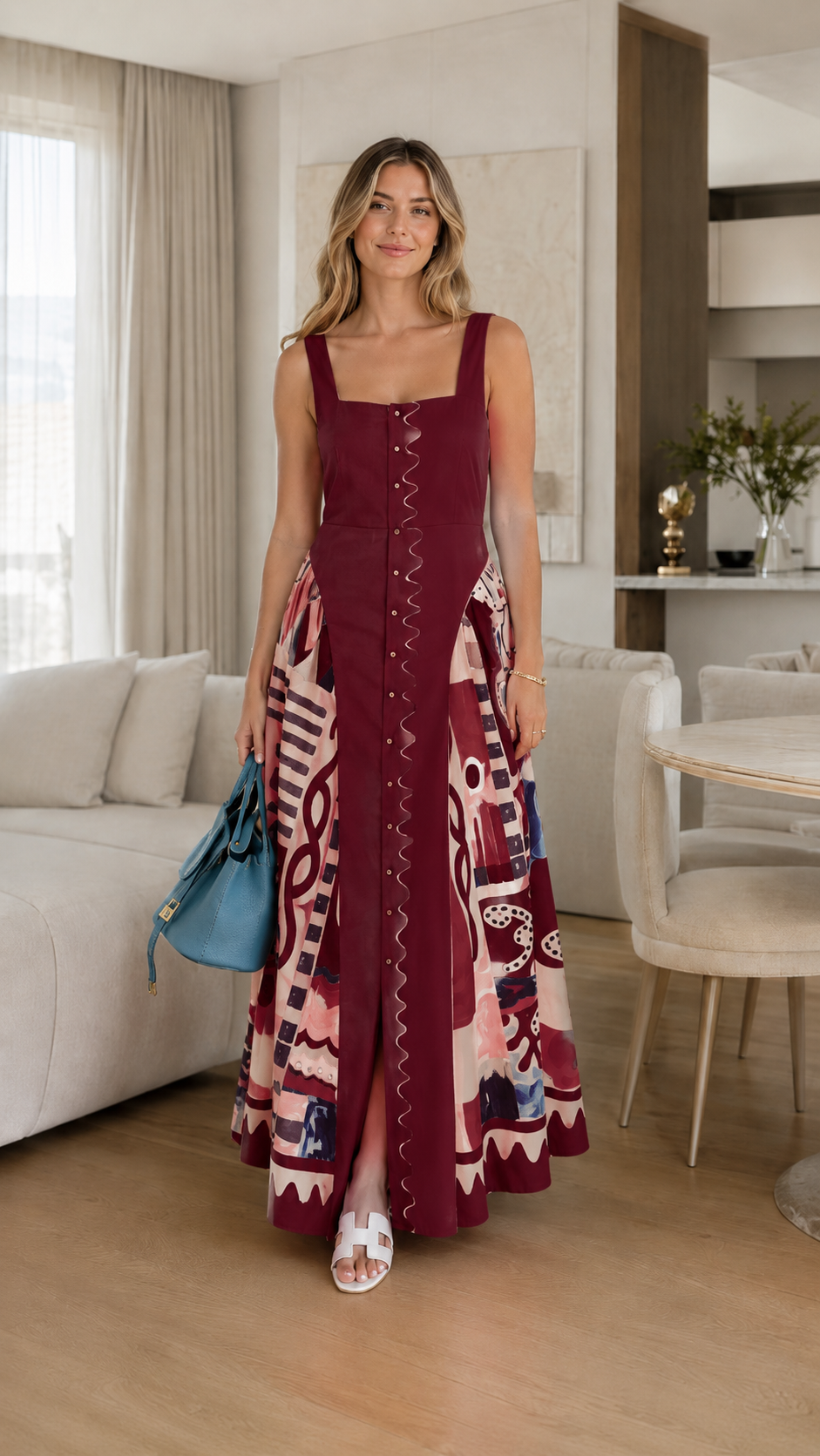 Women's wine square neck sleeveless maxi dress with front buttons and printed skirt panels front view