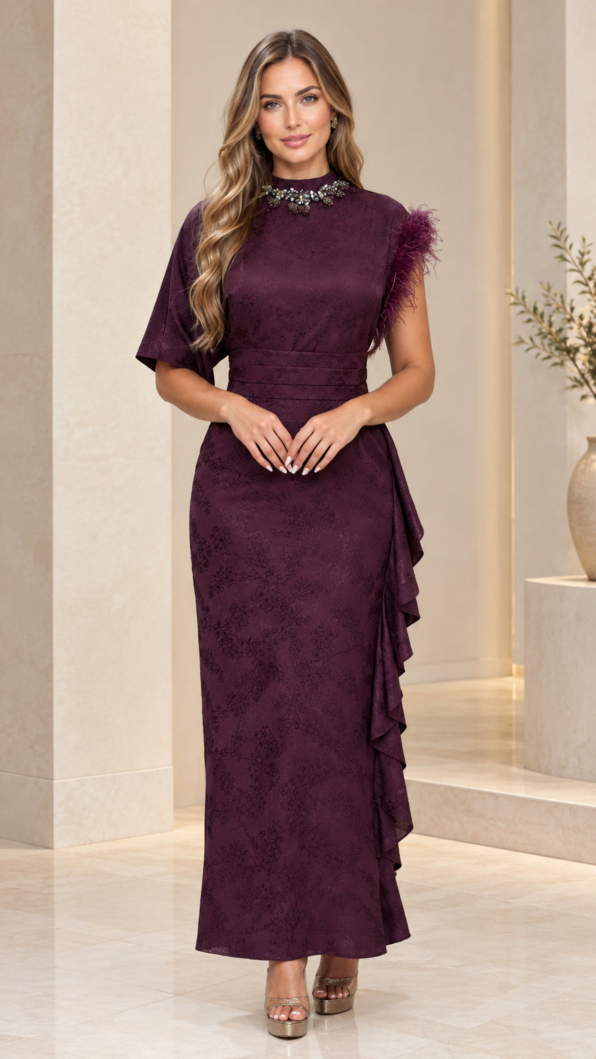Front view of asymmetric sleeve embellished neck jacquard maxi dress in plum