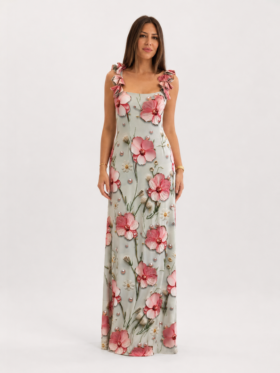 Front view of sage green floral maxi dress with pink flower print and ruffle straps