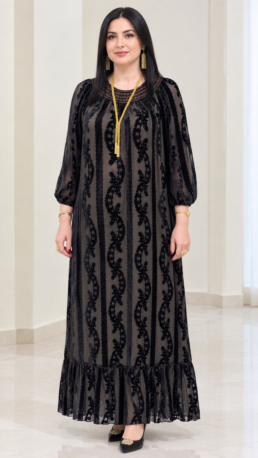 Women's black burnout velvet flocked maxi dress front view