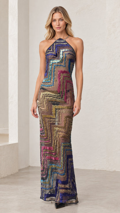 Front view of model wearing Cobalt Multi halter neck chevron sequin maxi dress