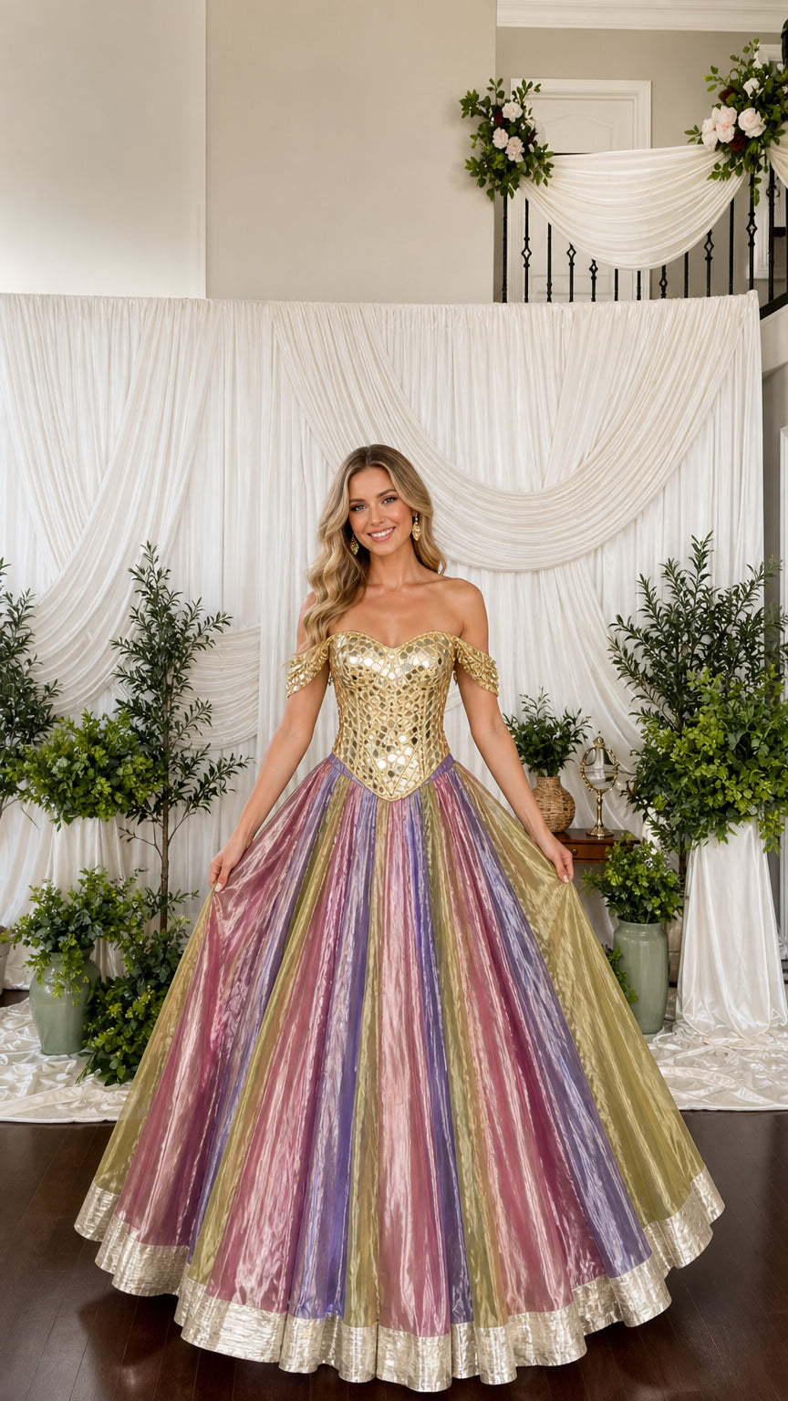 Front view of model wearing off-the-shoulder multicolor pastel pleated ball gown with gold mirrored corset bodice