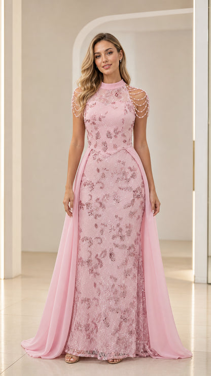 Pink high neck lace evening gown with draped pearl beaded shoulders and chiffon overskirt front view